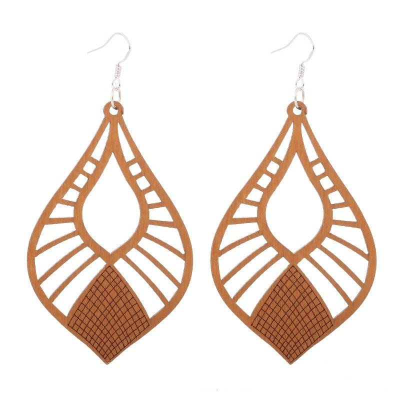 African Patterned Carved Geometric Wooden Earrings