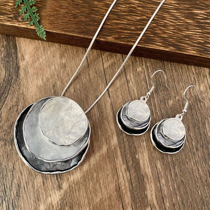 Three-Layer Ring Hollow Pendant Earrings And Necklace Set