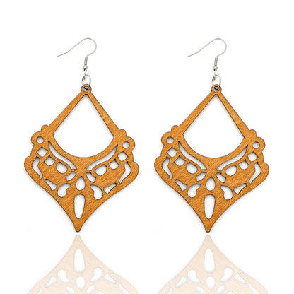 African Patterned Carved Geometric Wooden Earrings