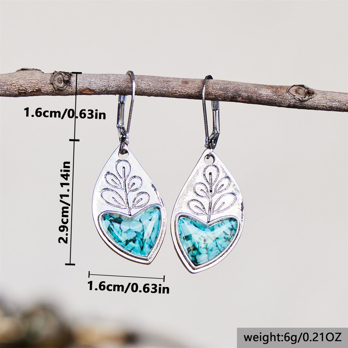 Retro Silver Turquoise Resin Hearts Drop Earrings