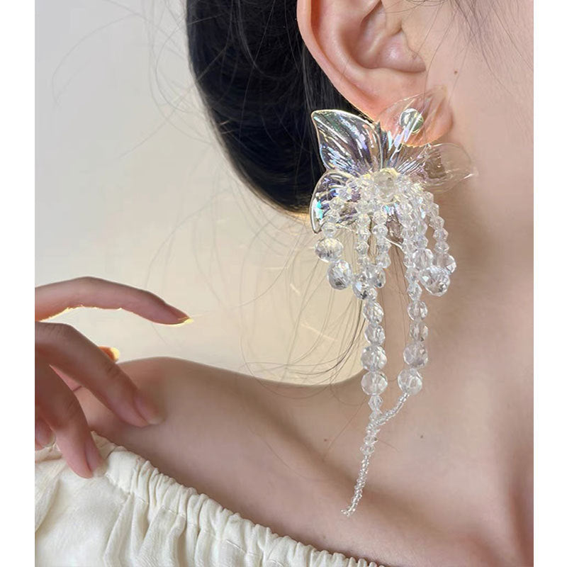 Translucent Crystal Bow Tassel Earrings