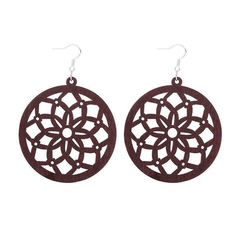 African Patterned Carved Geometric Wooden Earrings