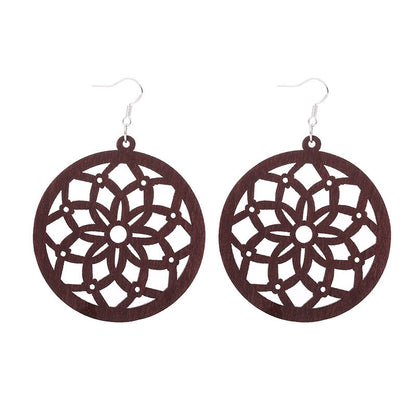 African Patterned Carved Geometric Wooden Earrings