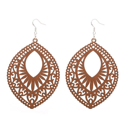 African Patterned Carved Geometric Wooden Earrings