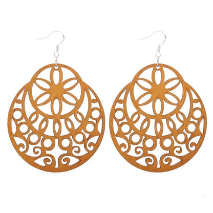 African Patterned Carved Geometric Wooden Earrings