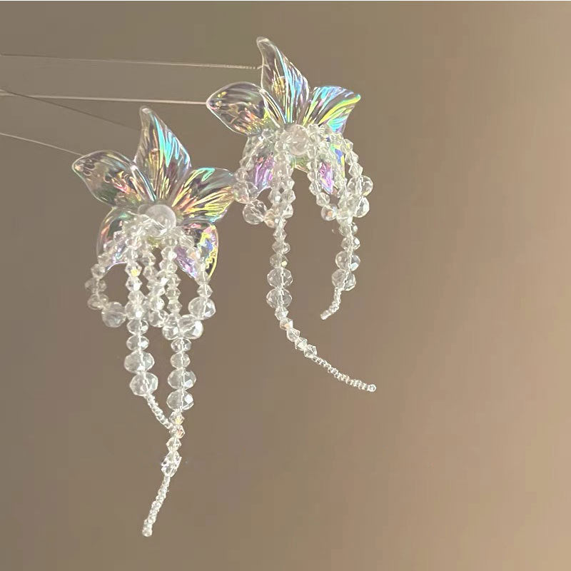 Translucent Crystal Bow Tassel Earrings