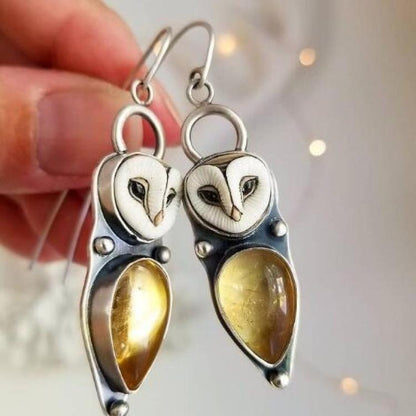 Owl Shaped Cat's Eye Resin Silver Earrings