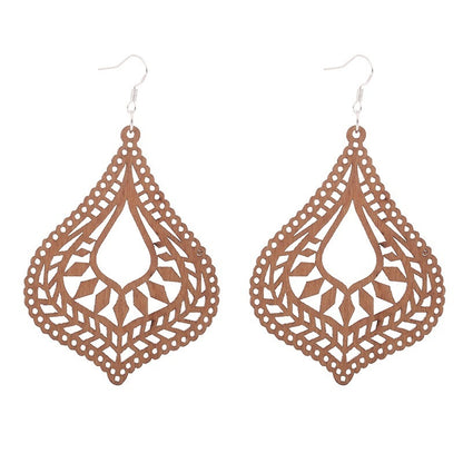 African Patterned Carved Geometric Wooden Earrings