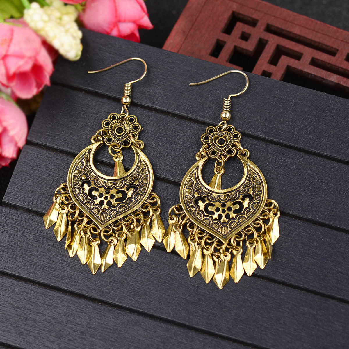 Nepal Retro Style Distressed Ancient Gold Earrings