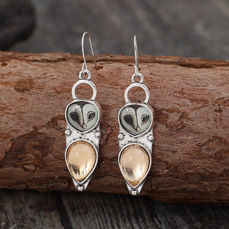 Owl Shaped Cat's Eye Resin Silver Earrings