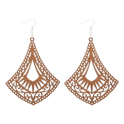 African Patterned Carved Geometric Wooden Earrings