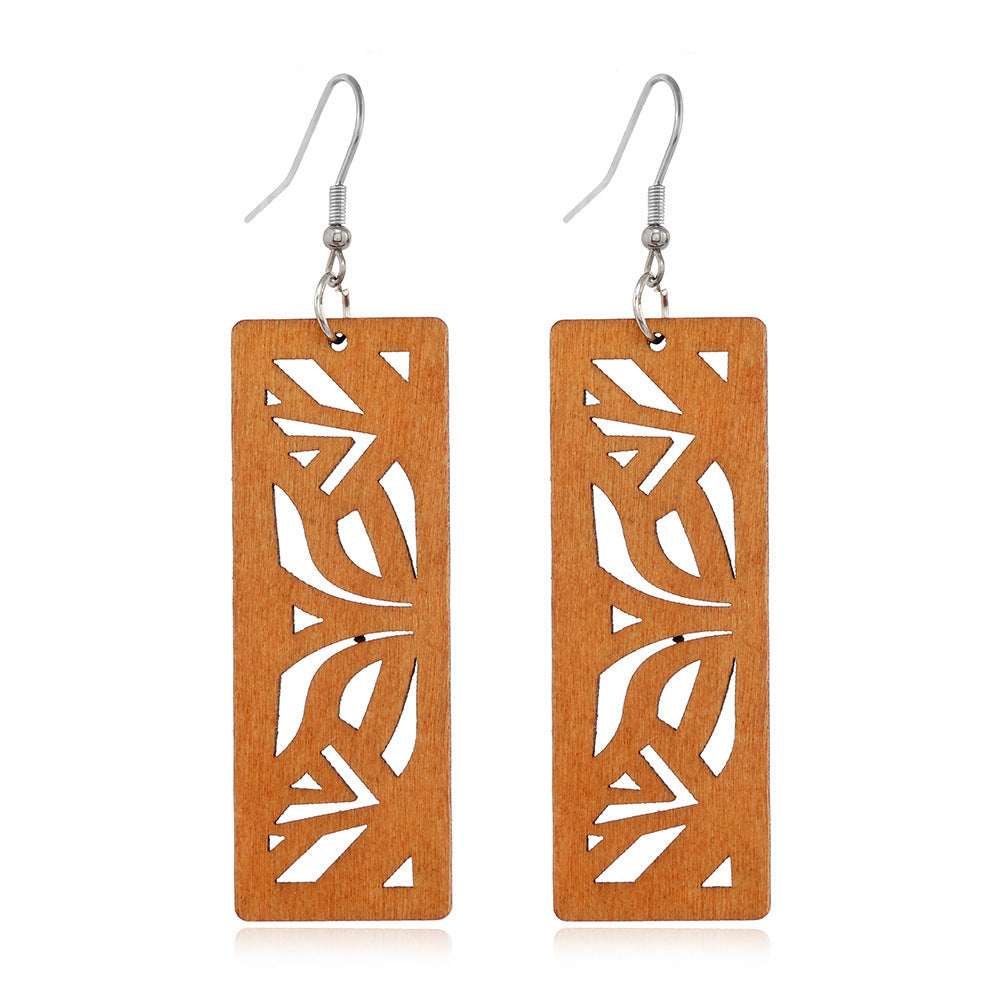 African Patterned Carved Geometric Wooden Earrings