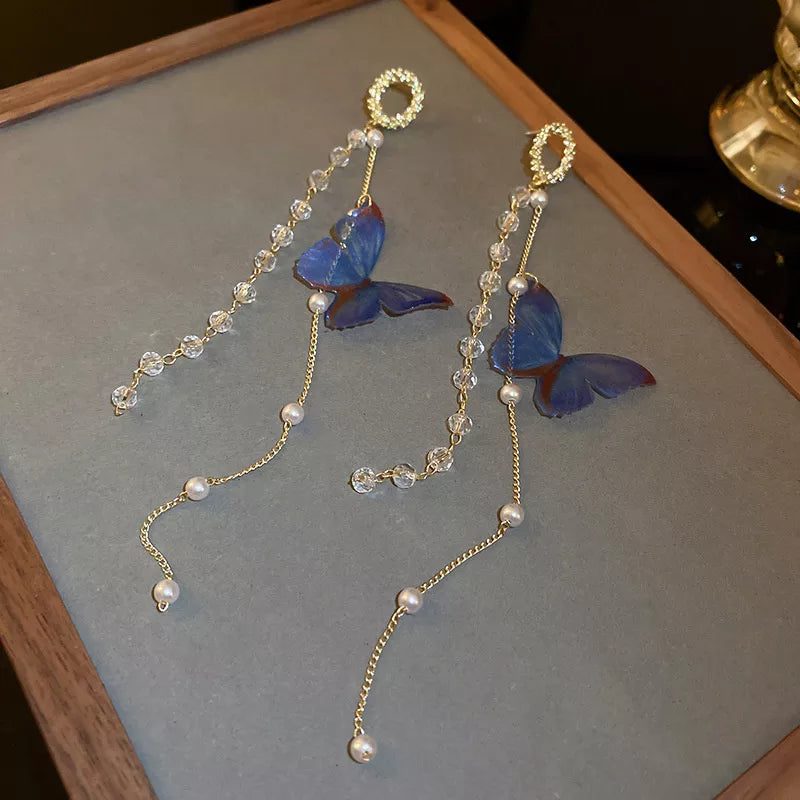 Korean Long Tassel Butterfly Crystal Drop Earrings