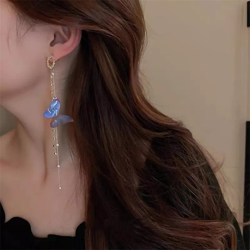 Korean Long Tassel Butterfly Crystal Drop Earrings