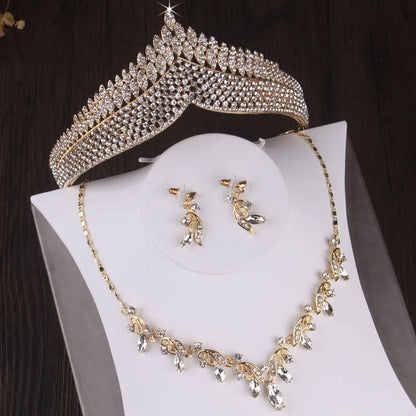 Baroque Vintage Gold Crystal Bridal Tiara Necklace Earring Sets