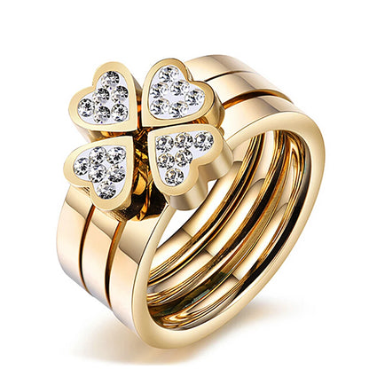 Silver Gold Brass 3-in-1 Rhinestone Heart Rings