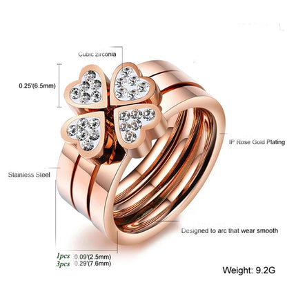 Silver Gold Brass 3-in-1 Rhinestone Heart Rings