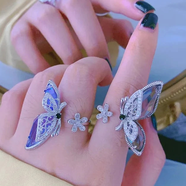 Big Flower Crystal Butterfly Resizable Rings