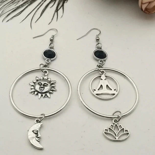 Asymmetric Silver Lotus, Sun and Moon Earrings