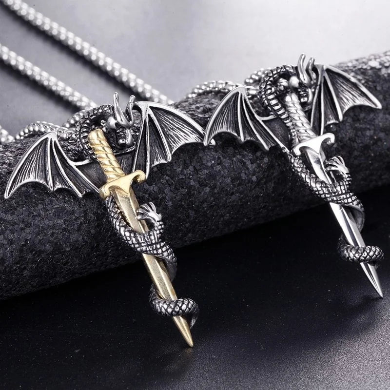 Silver Retro Viking Pterodactyl Sword Shaped Pendant Necklace