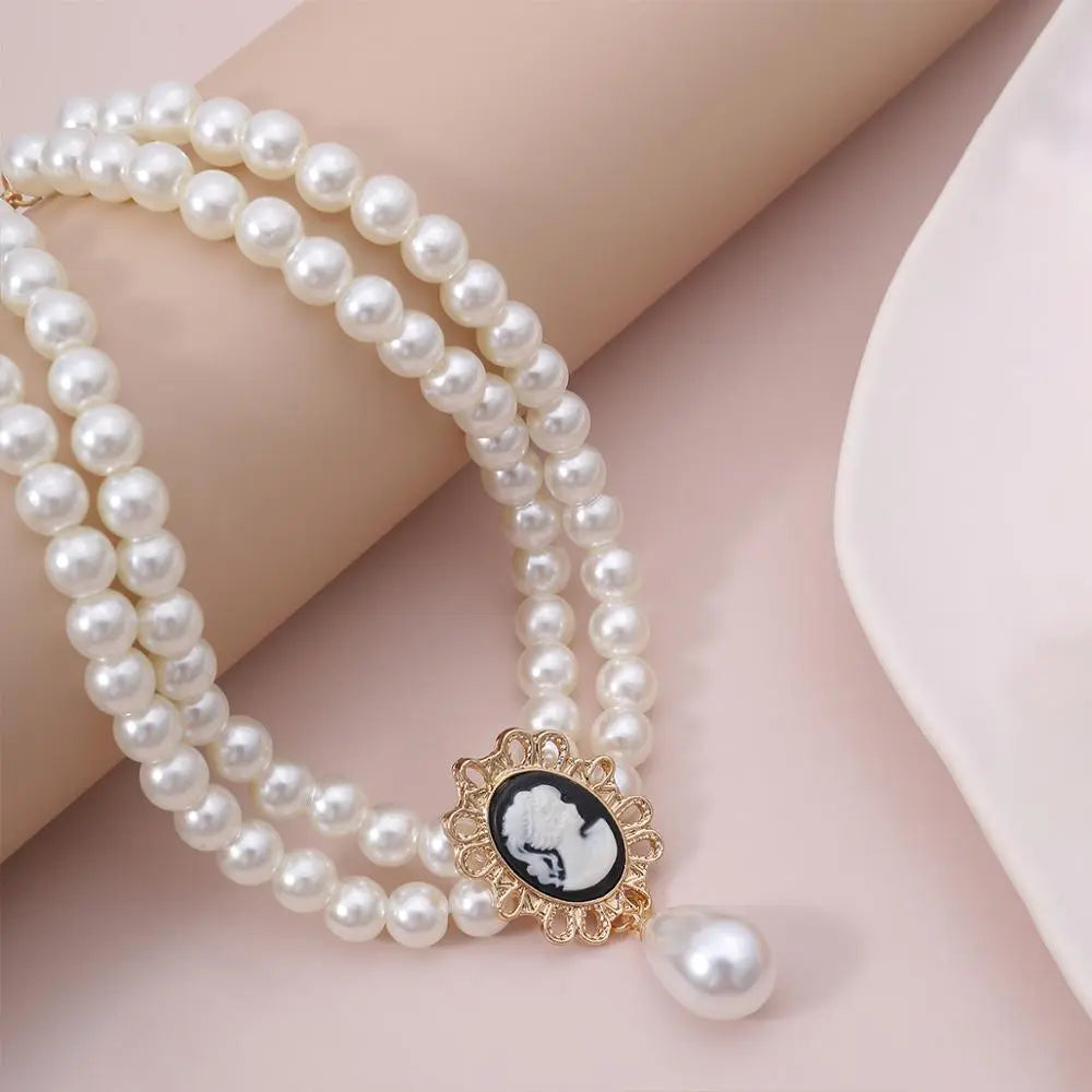 Layered Imitation Pearl  with Cameo Chokers