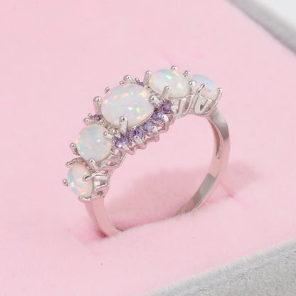 White Fire Opal Purple Zirconia Silver Ring