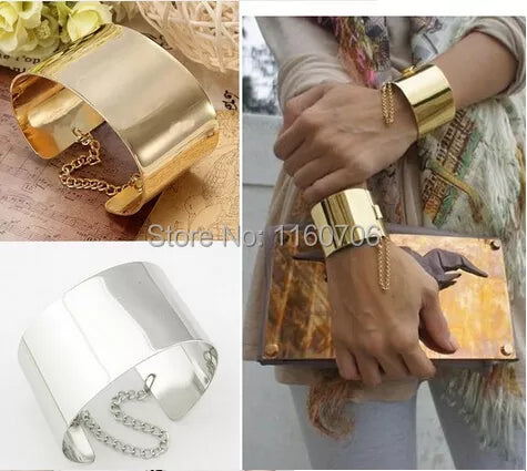 Metallic Gold Silver Wide Wrist Bracelet with Safety Chain