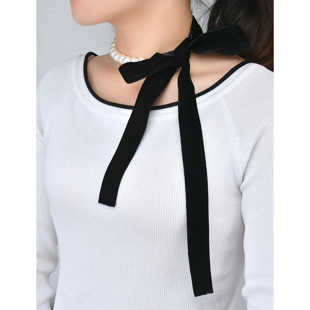 Black Velvet Ribbon Bow and Pearl Choker