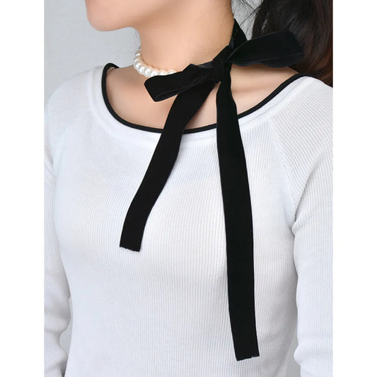 Black Velvet Ribbon Bow and Pearl Choker