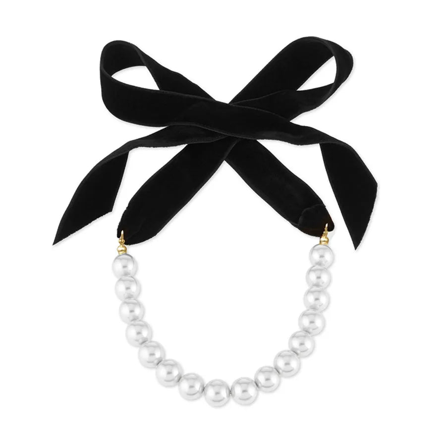 Black Velvet Ribbon Bow and Pearl Choker