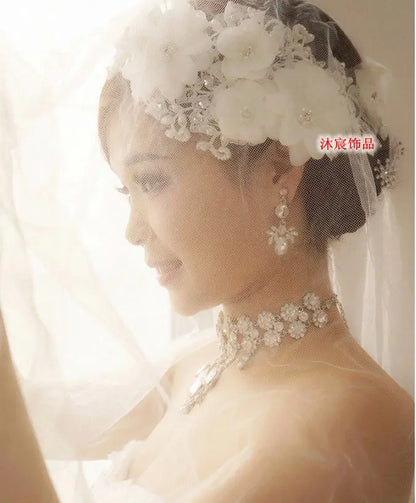 Korean Fashion Rhinestone Pearl White Lace Wedding Headband