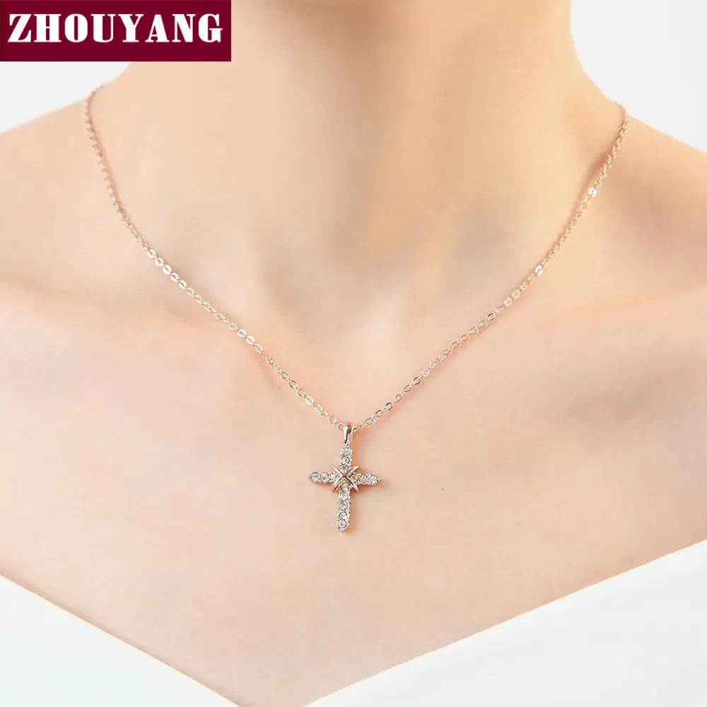 Religious Crystal Cross Rose Gold Necklace