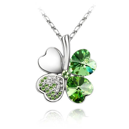 Austrian Crystal Colorful Four Leaf Clover Heart Necklaces