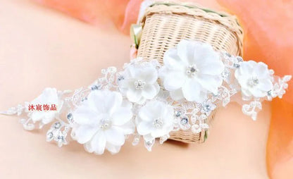 Korean Fashion Rhinestone Pearl White Lace Wedding Headband