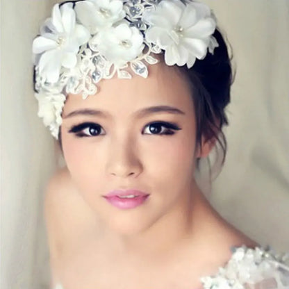 Korean Fashion Rhinestone Pearl White Lace Wedding Headband