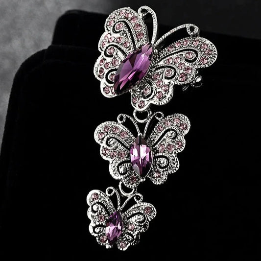 Korean Fashion Austrian Crystal Antique Silver Butterfly Brooches