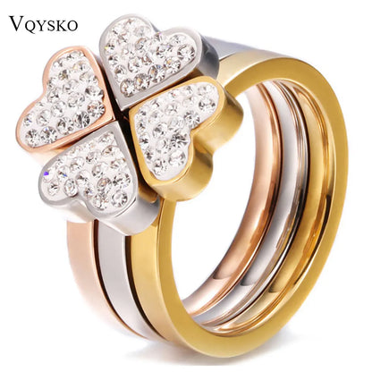 Silver Gold Brass 3-in-1 Rhinestone Heart Rings