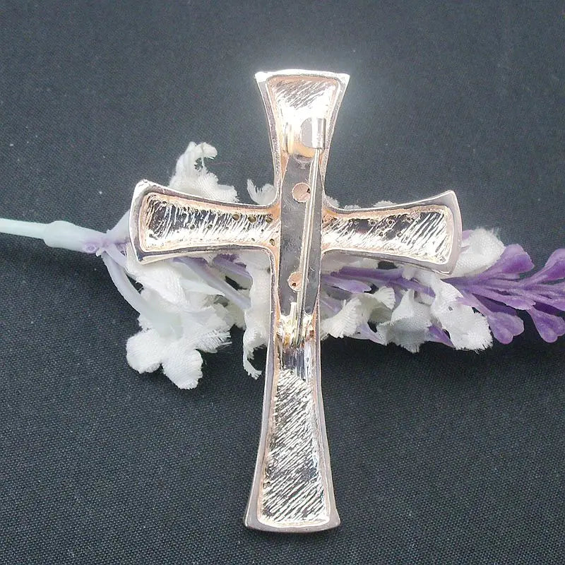 Gold Rhinestone Religious Cross Brooch