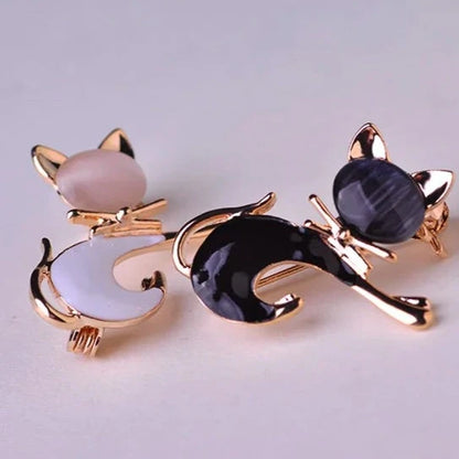 Black Cat Artificial Opals White Enamel Brooches