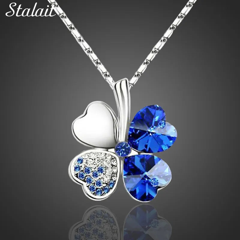 Austrian Crystal Colorful Four Leaf Clover Heart Necklaces