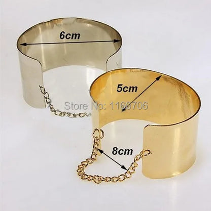 Metallic Gold Silver Wide Wrist Bracelet with Safety Chain