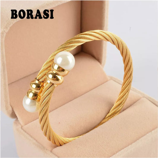 Gold Silver Pearl Twisted Stainless Steel Cable Bangles