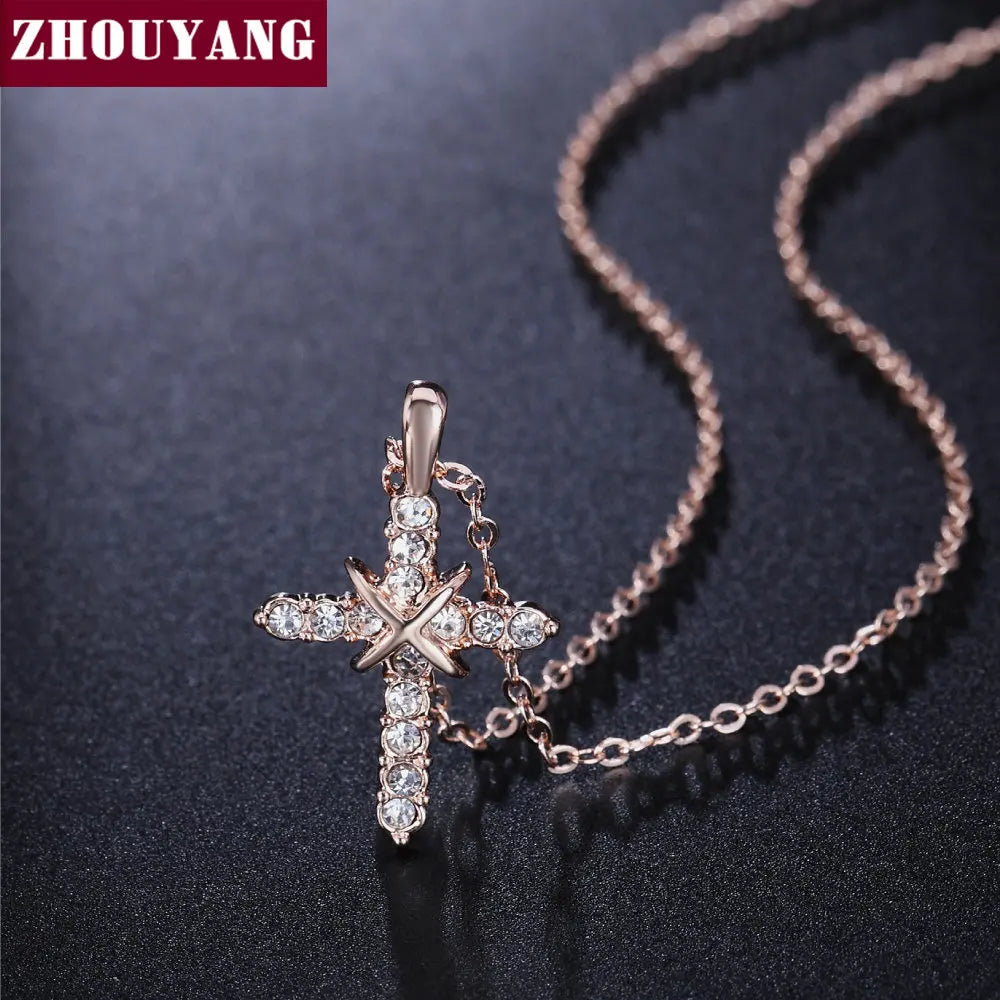 Religious Crystal Cross Rose Gold Necklace