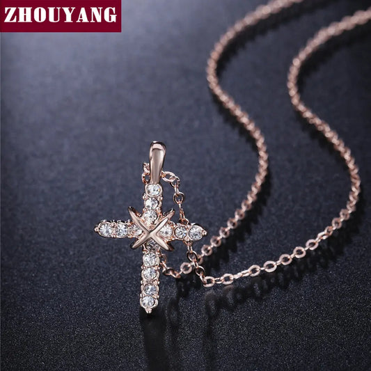 Religious Crystal Cross Rose Gold Necklace