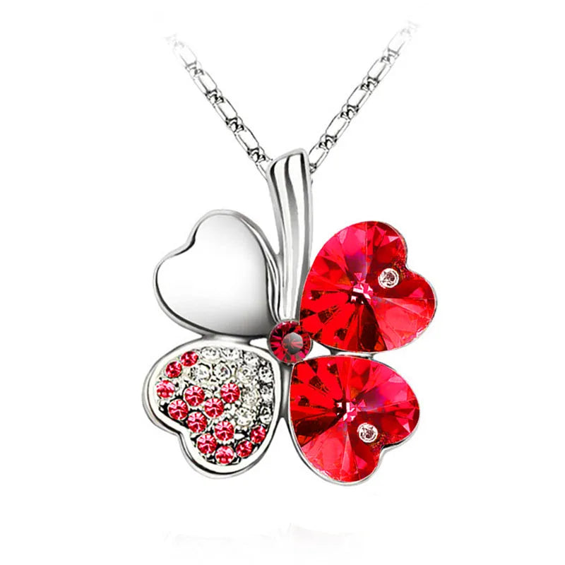 Austrian Crystal Colorful Four Leaf Clover Heart Necklaces