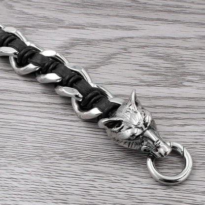 Double Wolf Head Stainless Steel Bracelet Leather