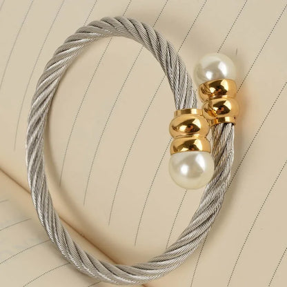 Gold Silver Pearl Twisted Stainless Steel Cable Bangles