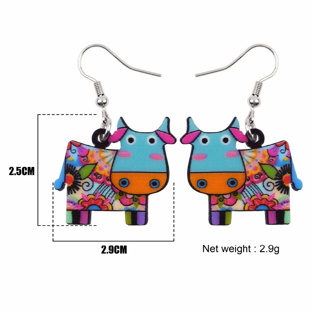 Colorful Acrylic Cow Novelty Earrings