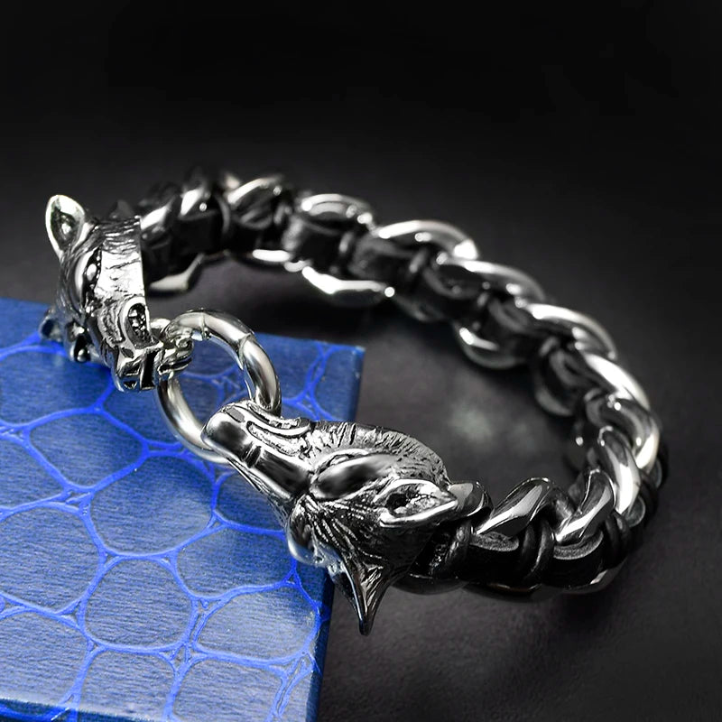 Double Wolf Head Stainless Steel Bracelet Leather