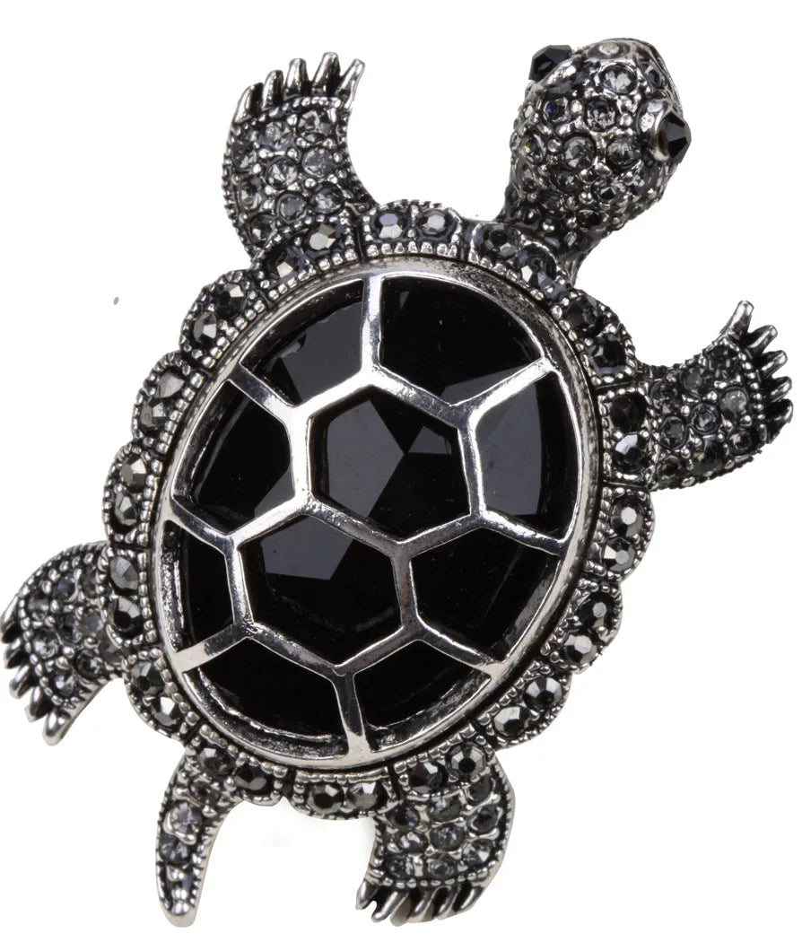 Turtle Tortoise Silver and Gold Crystal Brooches